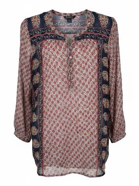 Lucky Brand Women's 2X Navy Red Floral Paisley Sheer Chiffon Tunic Blouse Top